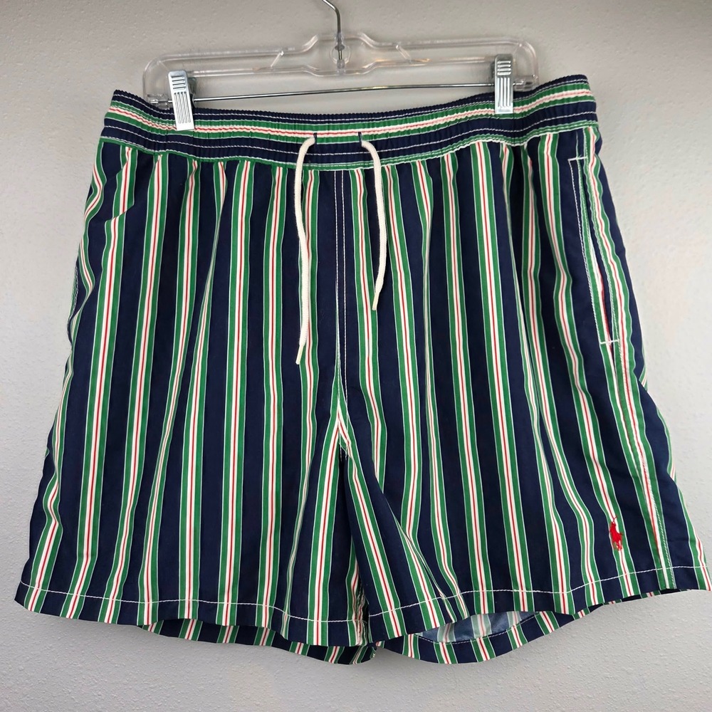 Polo Ralph Lauren Men Swim Trunks XL Navy Blue Green Red Striped Mesh Lined Pony